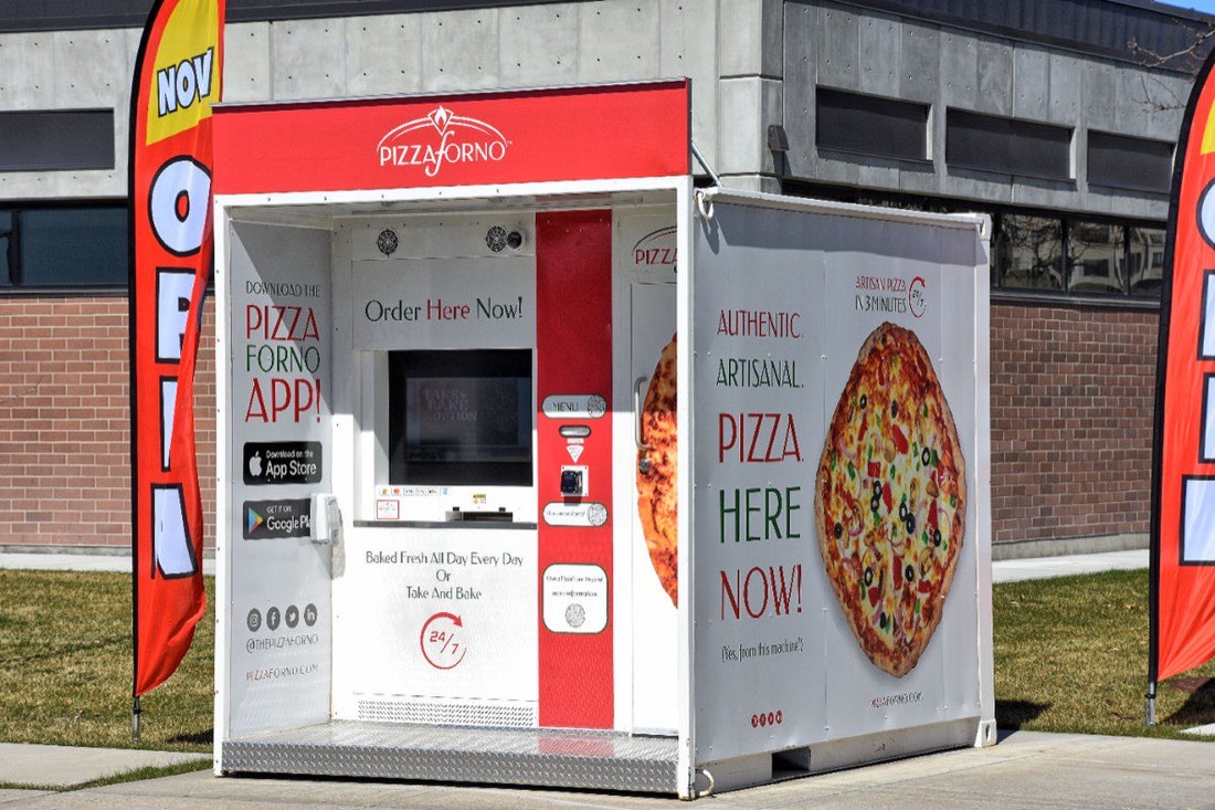 An outdoor pizza oven kiosk